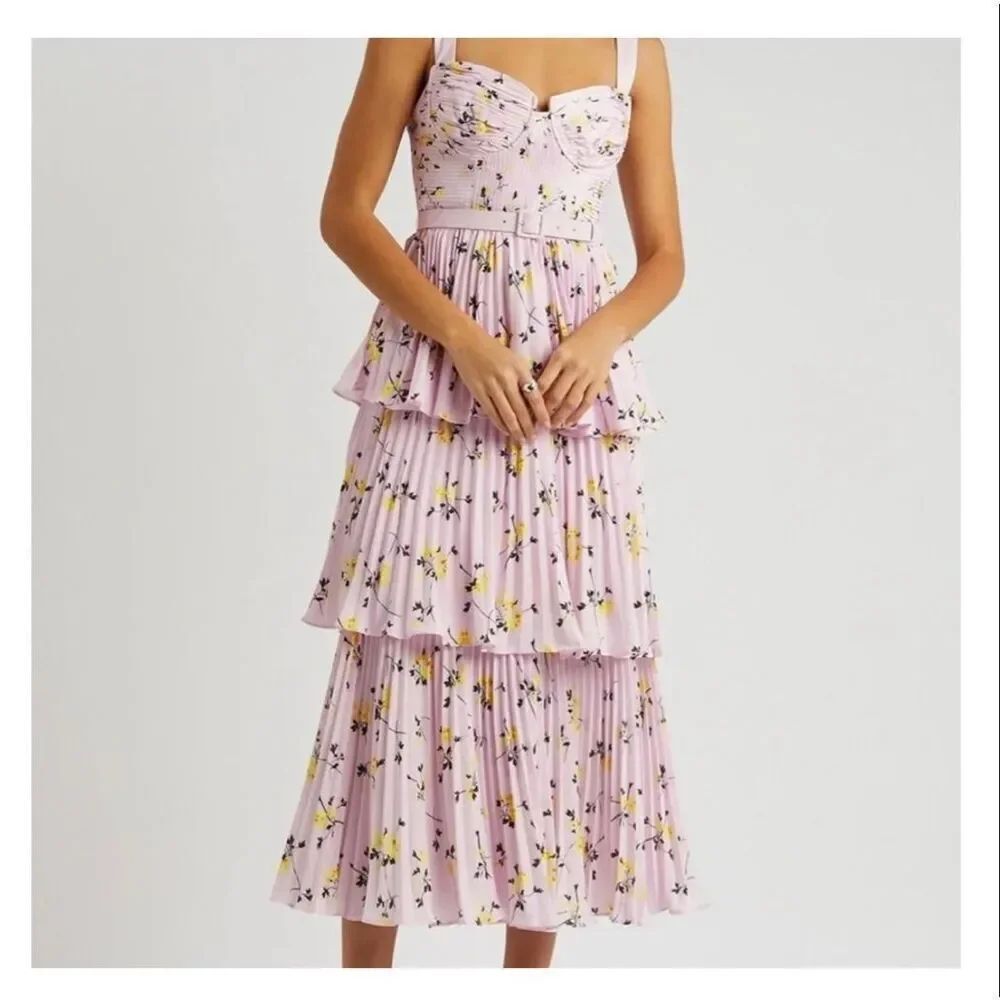 Self-Portrait Pink Floral Print Tiered Midi Dress Belted Women’s Size 6 Wedding